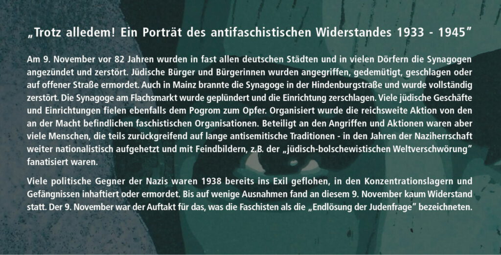 »Die Vitrine« Mainz ab 09.11.–03.12.2020 – Ausstellung »Trotz alledem!« – Portraits des antifaschistischen Widerstandes 1933–1945